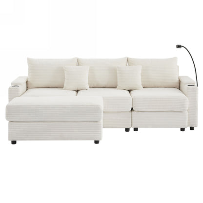 Modern Style 3 Seater Sofa Sectional Sofa Couch With Storage Space, A Movable Ottoman, Two USB Ports, Two Cup Holders, A Phone Holder For Living Room - Beige