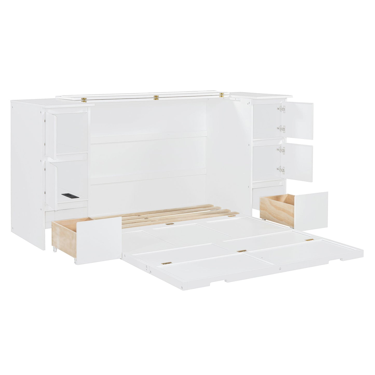 Full Size Murphy Bed With Drawers, Cabinets And USB Ports - White