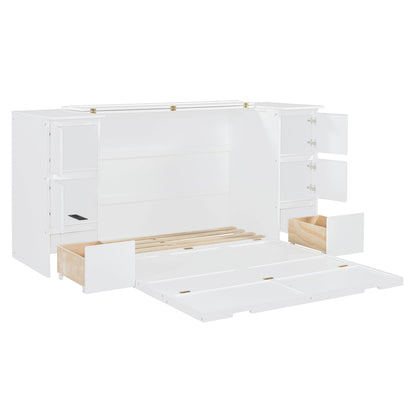 Full Size Murphy Bed With Drawers, Cabinets And USB Ports - White