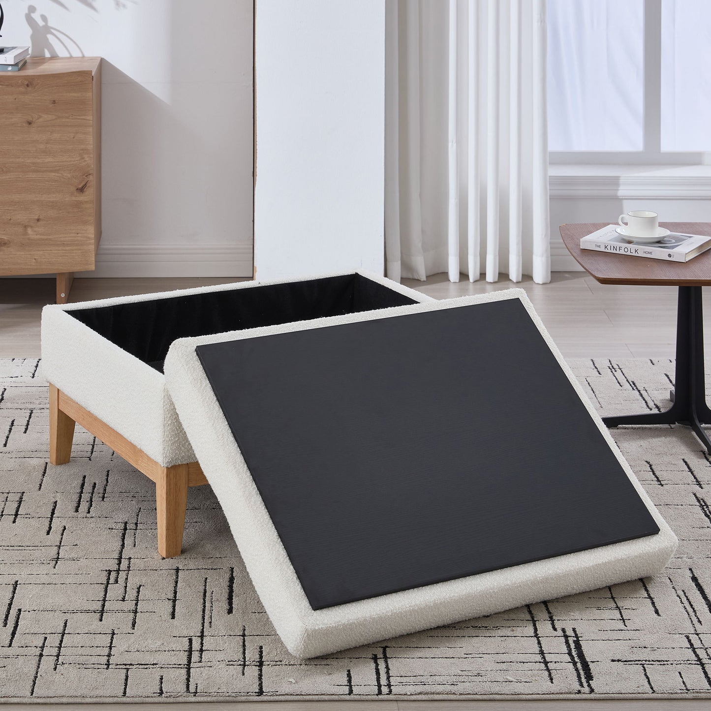 Upholstered Storage Ottoman With Reversible Lid Coffee Table, Foot Stool Square Footrest With Rubberwood Legs For Living Room Bedroom Entryway And Office - Ivory
