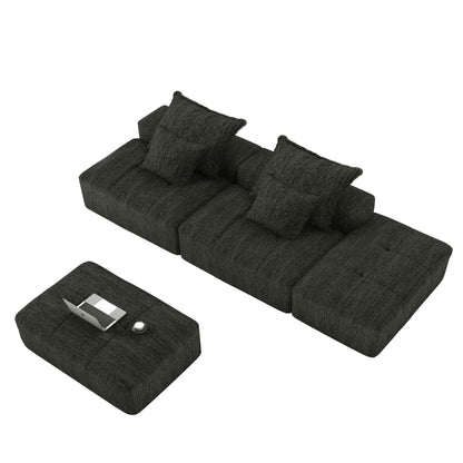Modern Oversized Modular Sectional Sofa With 2 Ottoman And 2 Seat, Sparkling Chenille Fabric Soft Cushion Sofa With 4 Pillows, 4 Pieces Diy Combination Tufted Sofa, No Assembly Required - Black