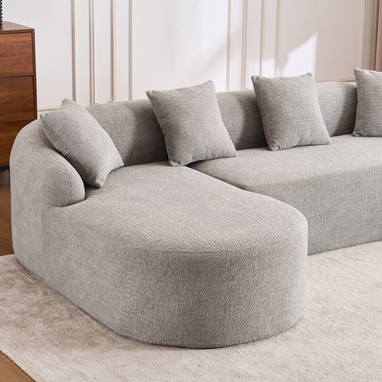 Compression Sofa: Combining Chaise Longue With 3 Seater, Wood Grain Chenille Fabric, Full Sponge Compression Sofa, Combined Sofa With 4 Pillows For Living / Home Furniture / Apartment - Gray