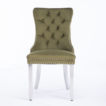 Nikki - Modern, High-End Tufted Solid Wood Contemporary Velvet Upholstered Dining Chair With Chrome Stainless Steel Plating Legs, Nailhead Trim (Set of 2) - Olive Green / Chrome