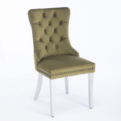 Nikki - Modern, High-End Tufted Solid Wood Contemporary Velvet Upholstered Dining Chair With Chrome Stainless Steel Plating Legs, Nailhead Trim (Set of 2) - Olive Green / Chrome