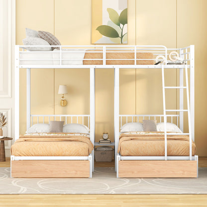 Full Over Twin & Twin Bunk Bed, Triple Bunk Bed With Drawers And Guardrails - White