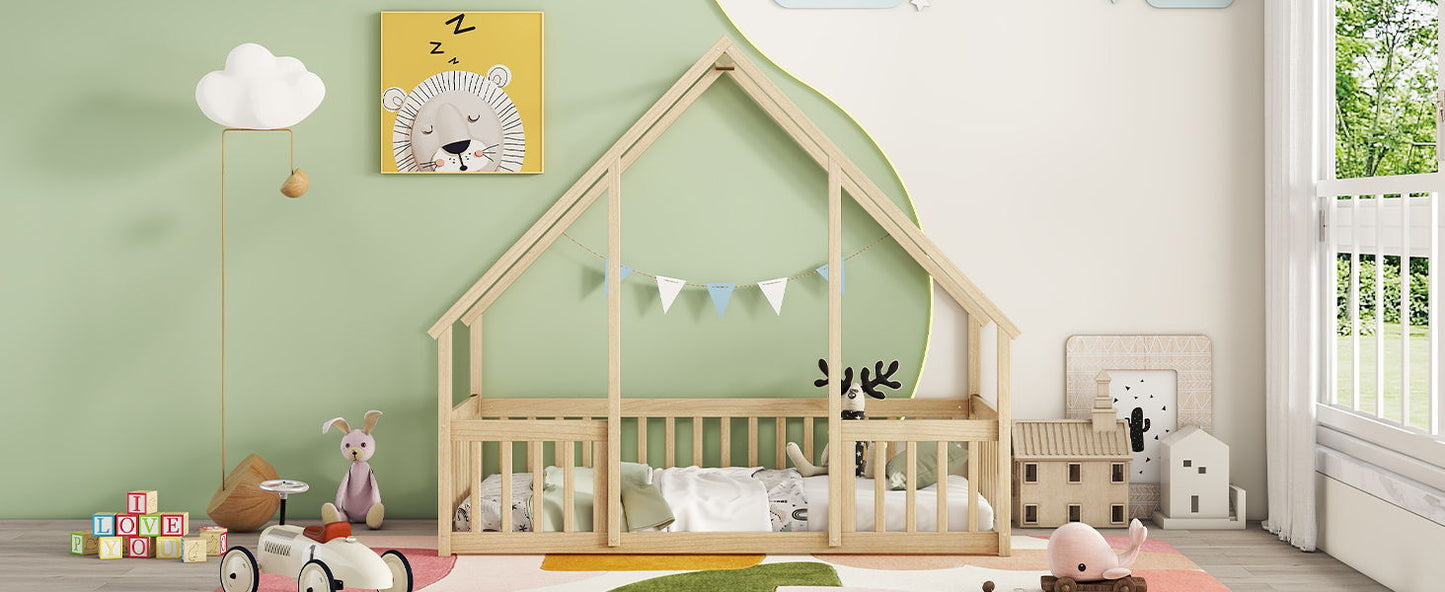 Twin Wood House-Shaped Floor Bed With Fence, Guardrails - Natural