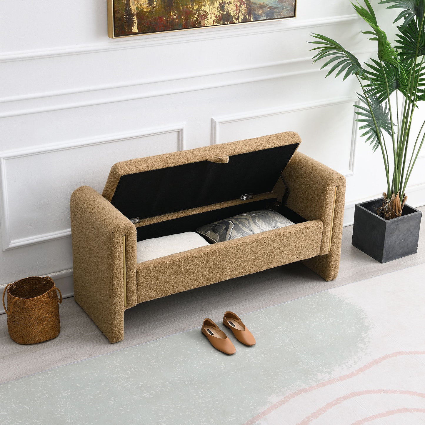 Modern Teddy Bed End Bench With Arms And Storage, Upholstered Large Foot Rest Stool, Comfy Window Vanity Bench For Living Room, Dorm, Coffee Table, Teddy - Coffee