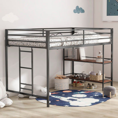 Adam - Junior Twin Loft Bunk Bed With Cinnamon Wood Shelf - Black