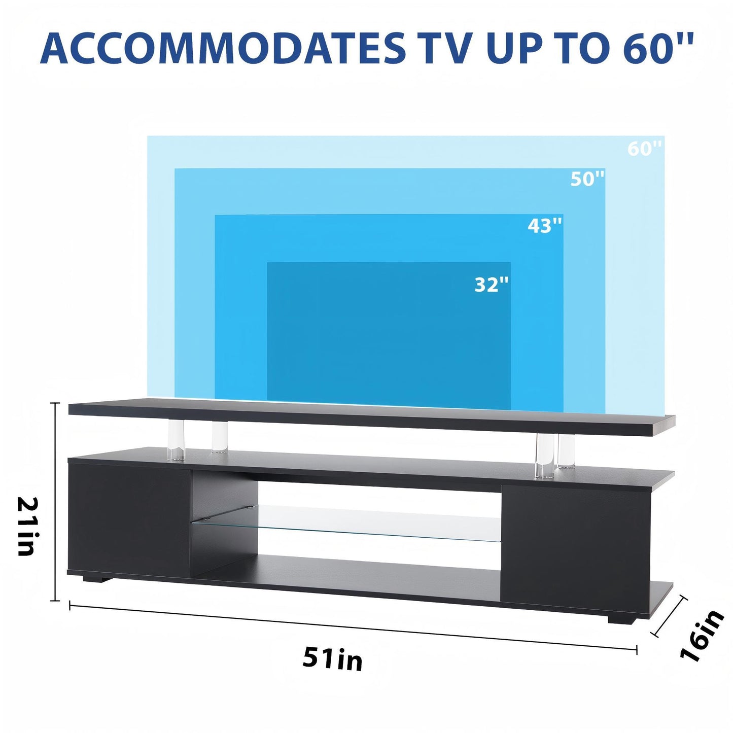 TV Stand For 60" TV LED Gaming Entertainment Center Media Storage Console Table With Large Side Cabinet For Living Room - Black