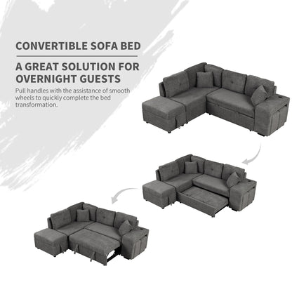 Convertible Sleeper, Sectional Pull Out Sofa Bed With Storage Ottoman, 2 Throw Pillows, 2 Stools, Wireless Charger And Two Hidden USB Ports For Living Room - Dark Gray