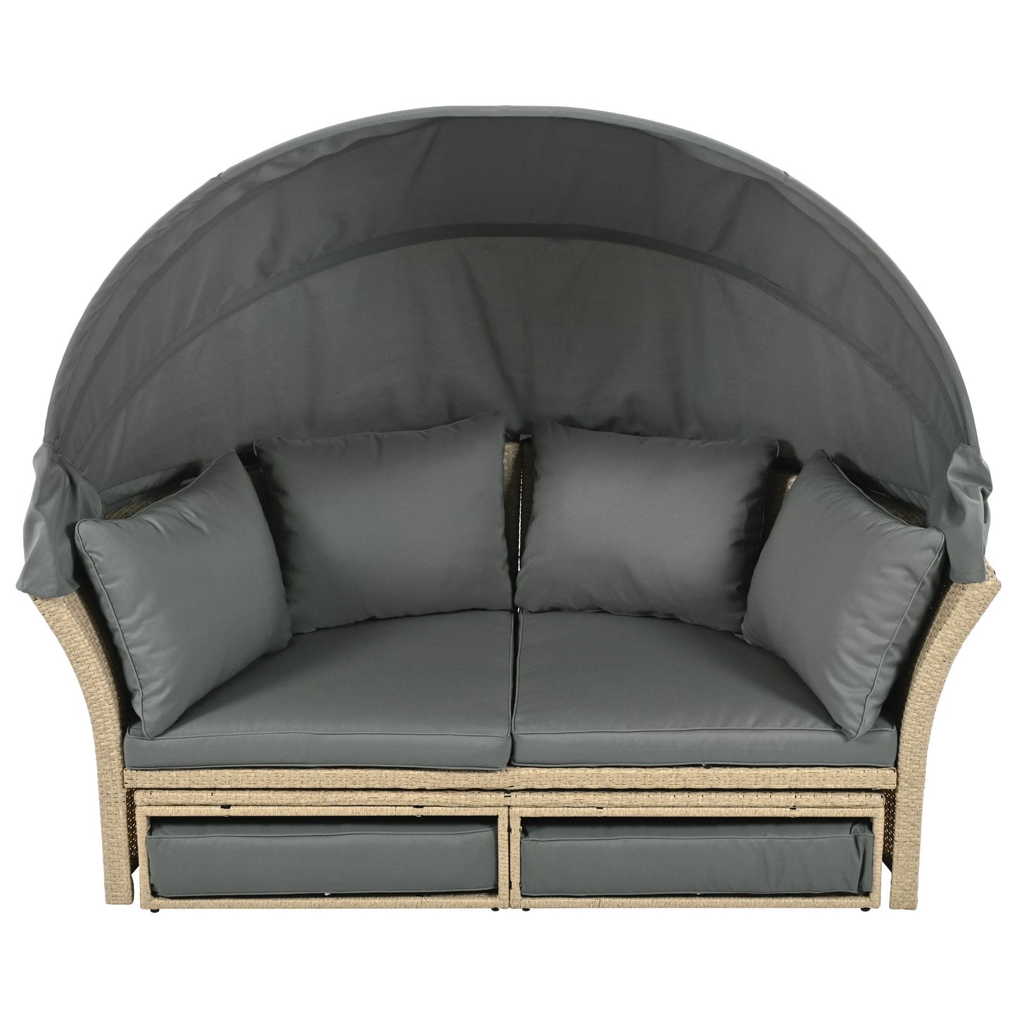 Outdoor Patio Daybed Wicker Rattan Double Daybed Round Sofa Furniture Set With Retractable Canopy, 4 Pillows For Lawn Garden Backyard Porch Pool - Gray