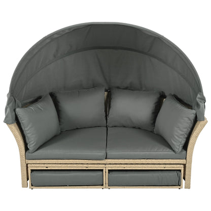 Outdoor Patio Daybed Wicker Rattan Double Daybed Round Sofa Furniture Set With Retractable Canopy, 4 Pillows For Lawn Garden Backyard Porch Pool - Gray