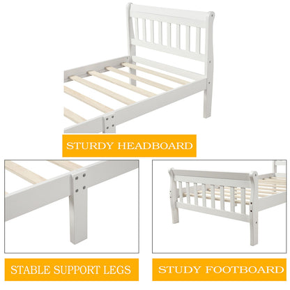 Twin Platform Bed, Mattress Foundation Sleigh Bed With Headboard, Footboard, Slat Support - White