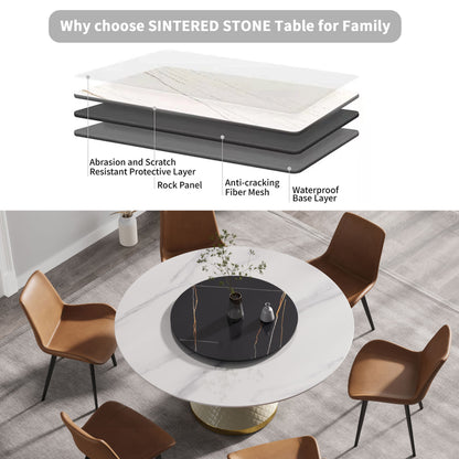 59.05" Modern Artificial Stone Round Carbon Steel Base Dining Table, Black Artificial Stone Turntable - White