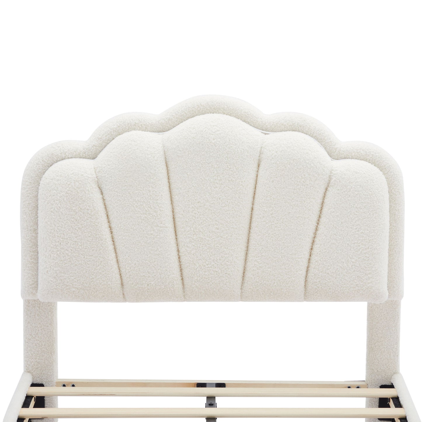 Twin Size Upholstered Flower-Shape Bed, Elegant Flowers Headboard With LED Light Strip, Sherpa Fabric Platform Bed With Slats Support - White