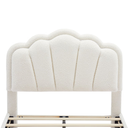 Twin Size Upholstered Flower-Shape Bed, Elegant Flowers Headboard With LED Light Strip, Sherpa Fabric Platform Bed With Slats Support - White