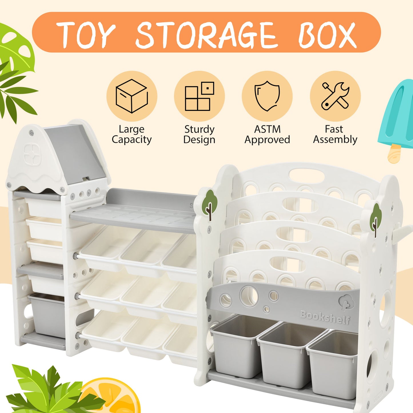 Kids Bookshelf Toy Storage Organizer With 17 Bins And 5 Bookshelves, Multi-Functional Nursery Organizer Kids Furniture Set Toy Storage Cabinet Unit With HDPE SheLF And Bins - Gray