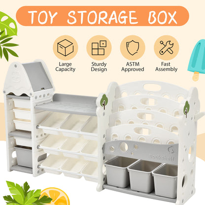 Kids Bookshelf Toy Storage Organizer With 17 Bins And 5 Bookshelves, Multi-Functional Nursery Organizer Kids Furniture Set Toy Storage Cabinet Unit With HDPE SheLF And Bins - Gray