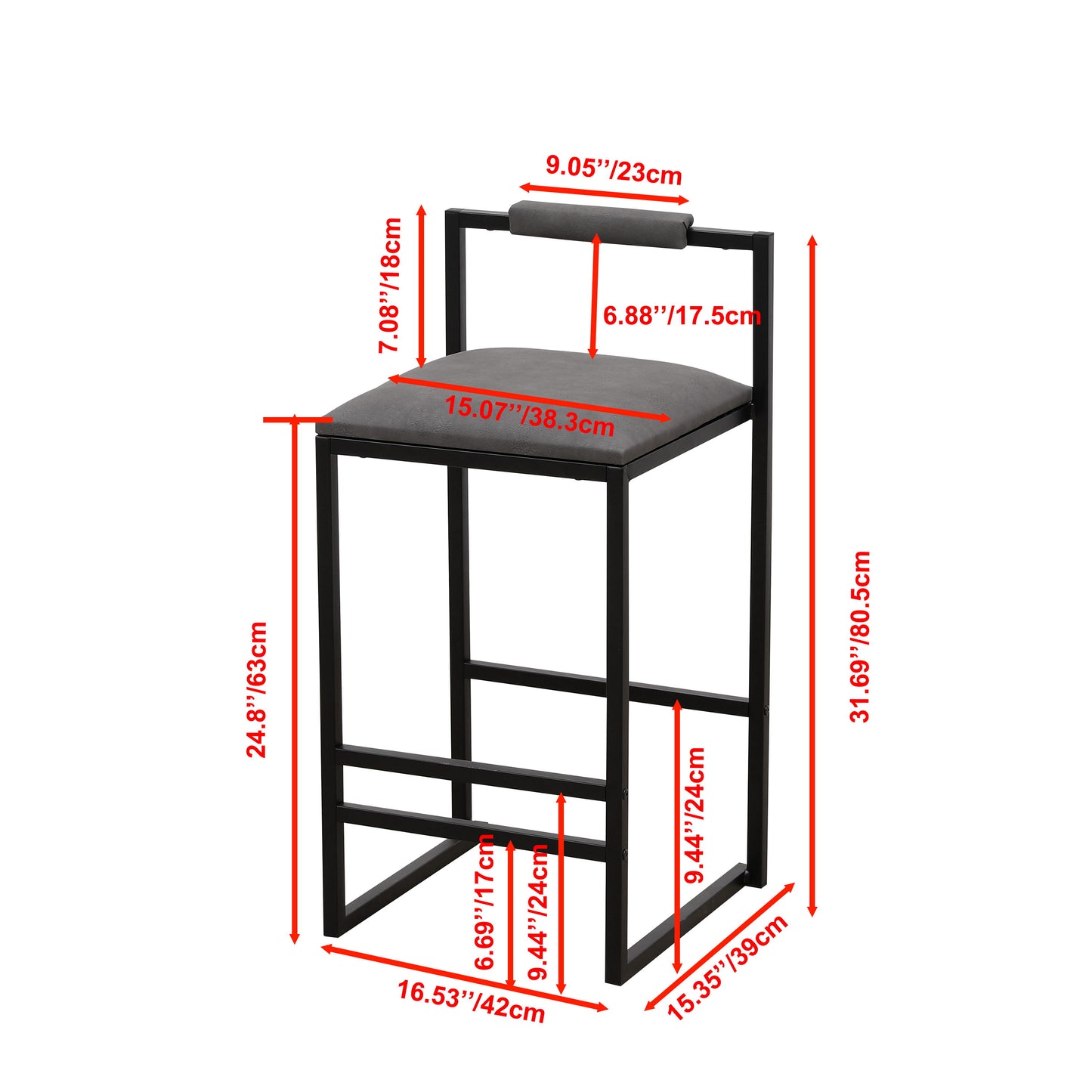 Modern Armless Metal Legs Kitchen Island Stools With Back Upholstered Chairs 2 Piece Set - Gray