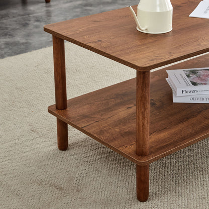 Modern 2 Tier Coffee Table For Living Room Furniture, Rectangular Center Table With Open Storage Shelf, Rounded Rubberwood Legs - Walnut Brown