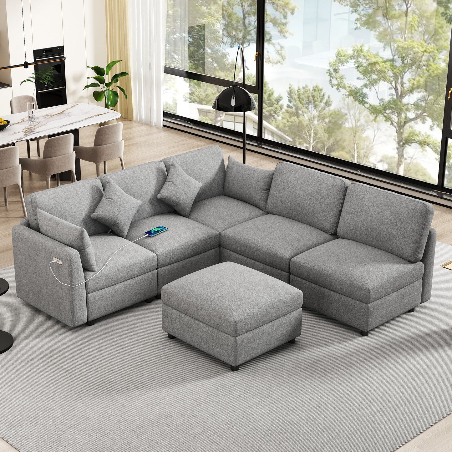 Sectional Sofa Modular Sofa U - Shaped Sofa Couch Sofa Bed L - Shaped Sofa With A Movable Ottoman And Two USB Ports For Living Room - Light Gray