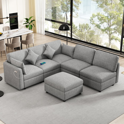 Sectional Sofa Modular Sofa U - Shaped Sofa Couch Sofa Bed L - Shaped Sofa With A Movable Ottoman And Two USB Ports For Living Room - Light Gray