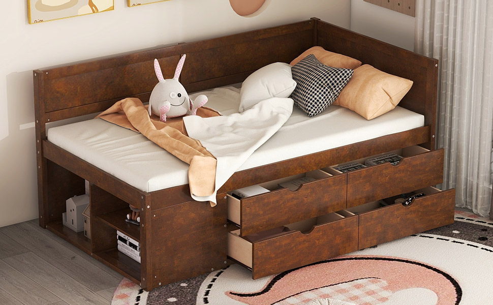Twin Size Daybed With Drawers And Shelves - Walnut