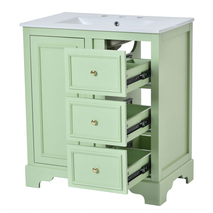 Bathroom Vanity Cabinet With Ceramic Basin, 3 Drawers And Adjustable Shelves - Green