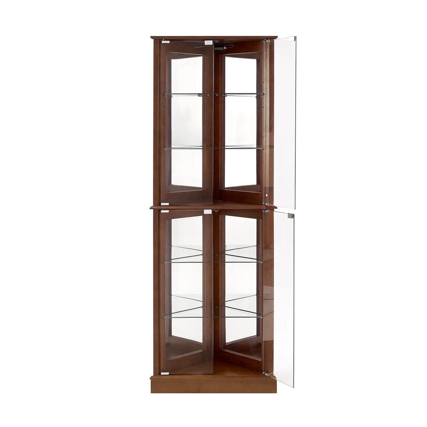 Corner Curio Dispaly Cabinet With Lights, Adjustable Tempered Glass Shelves, Mirrored Back (E26 Light Bulb Not Included) - Walnut
