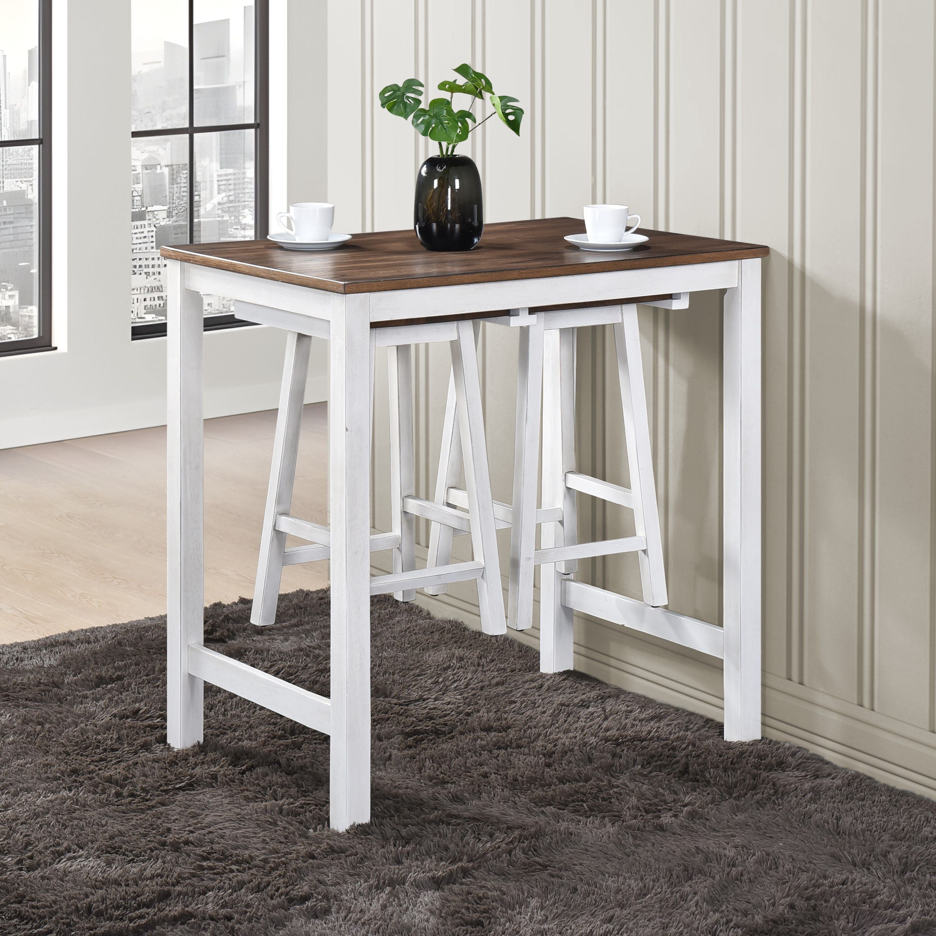 3 Pieces Counter Set Hanging Stool Easy To Clean For Small Space - Antique Dark Oak / Antique White