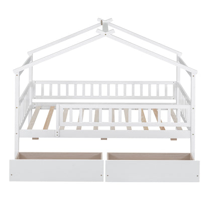 Twin Size House Bed With 2 Drawers - White
