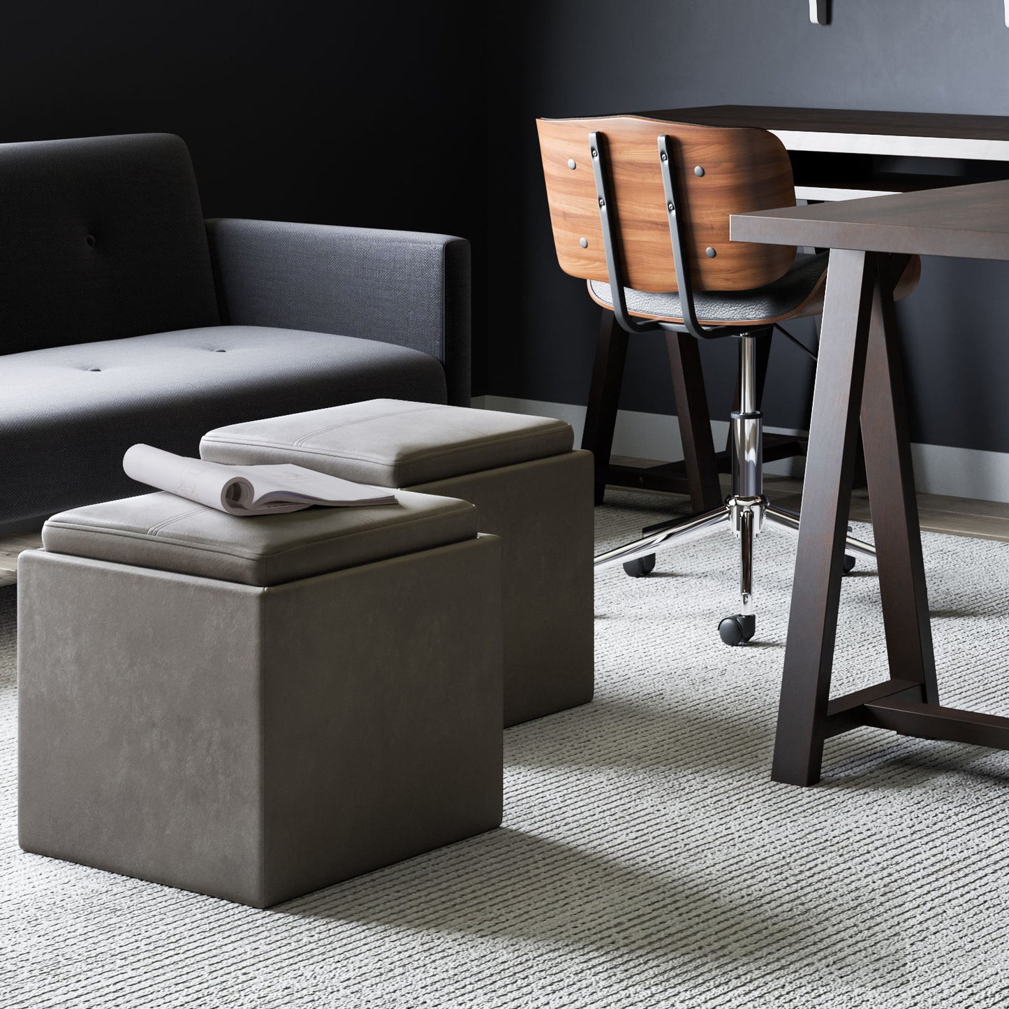 Rockwood - Cube Storage Ottoman With Tray - Distressed Slate Gray