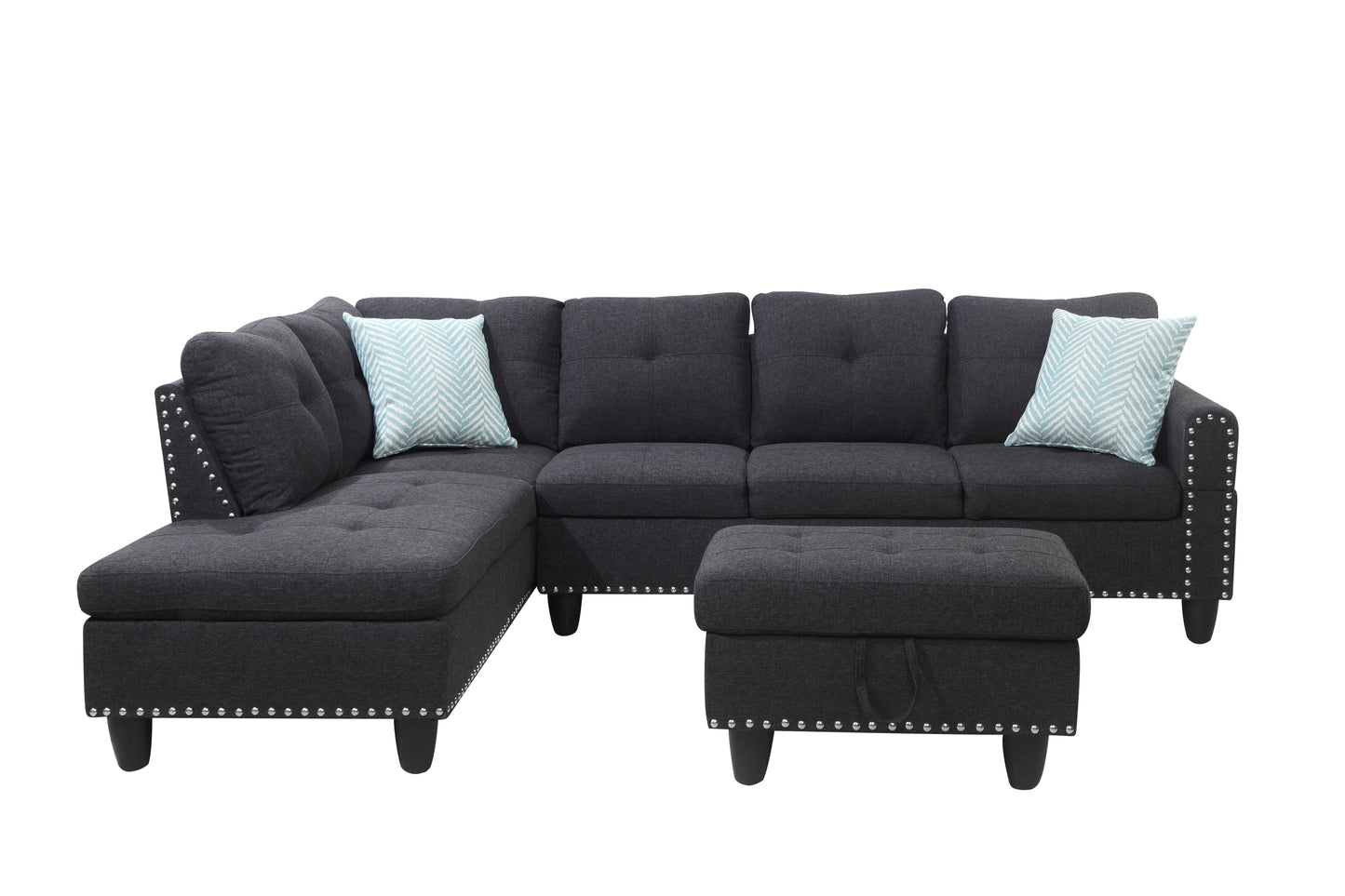 Alger - 98" Wide Left Hand Facing Sofa & Chaise With Ottoman - Charcoal Gray