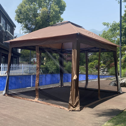 Outdoor 11X 11Ft Pop Up Gazebo Canopy With Removable Zipper Netting, 2 Tier Soft Top Event Tent, Suitable For Patio Backyard Garden Camping Area With 4 Sandbags - Brown