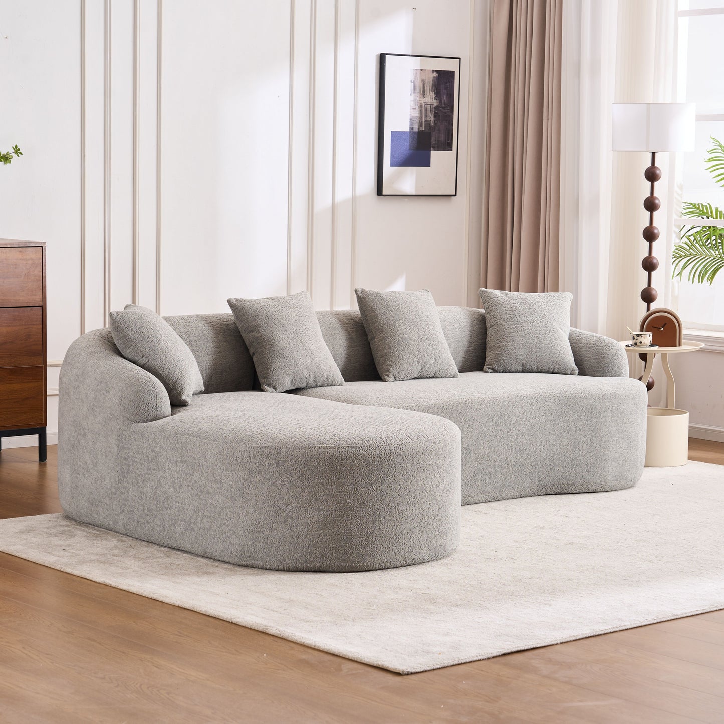 Compression Sofa: Combining Chaise Longue With 3 Seater, Wood Grain Chenille Fabric, Full Sponge Compression Sofa, Combined Sofa With 4 Pillows For Living / Home Furniture / Apartment - Gray
