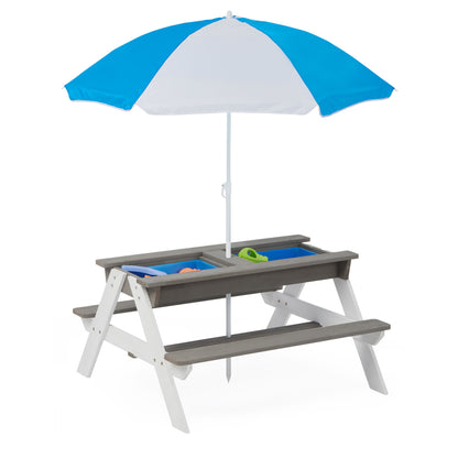 3-In-1 Kids Outdoor Wooden Picnic Table With Umbrella, Convertible Sand & Water, ASTM & CPSIA Certification - Gray