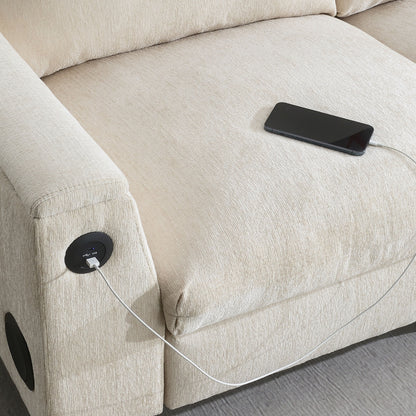 Sectional With Bluetooth Speaker Comfy Cloud Couch Set With Drop Down Table Cup Holders, USB Charger Storage Armrest Wide Seat Sofa - Beige
