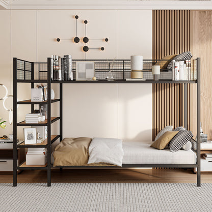 Twin Over Full Bunk Bed With 5 Tier Shelves - Black