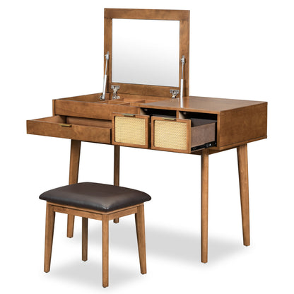 Classic Wood Makeup Vanity Set With Flip-Top Mirror And Stool, Dressing Table With Three Drawers And Storage Space - Brown