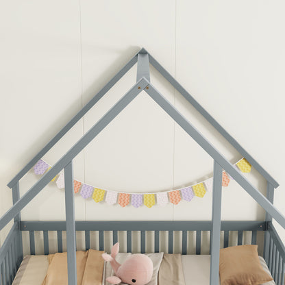 Full Wood House-Shaped Floor Bed With Fence, Guardrails - Gray