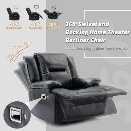 360ÔøΩÔøΩ Swivel And Rocking Home Theater Recliner Manual Recliner Chair With A Led Light Strip For Living Room - Black