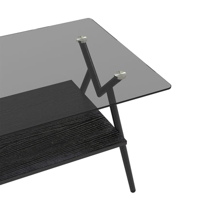 Rectangle Coffee Table With Tempered Glass Top And Black MDF Shelf, Modern Table For Living Room - Gray