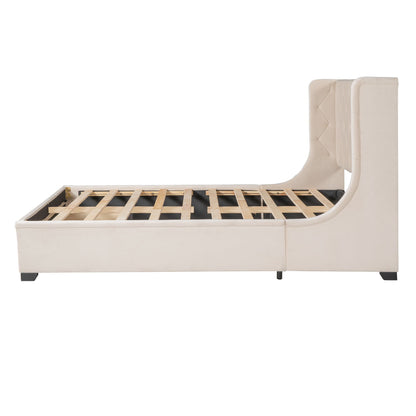 Queen Size Storage Upholstered Platform Bed With Wingback Headboard And A Big Drawer - Beige