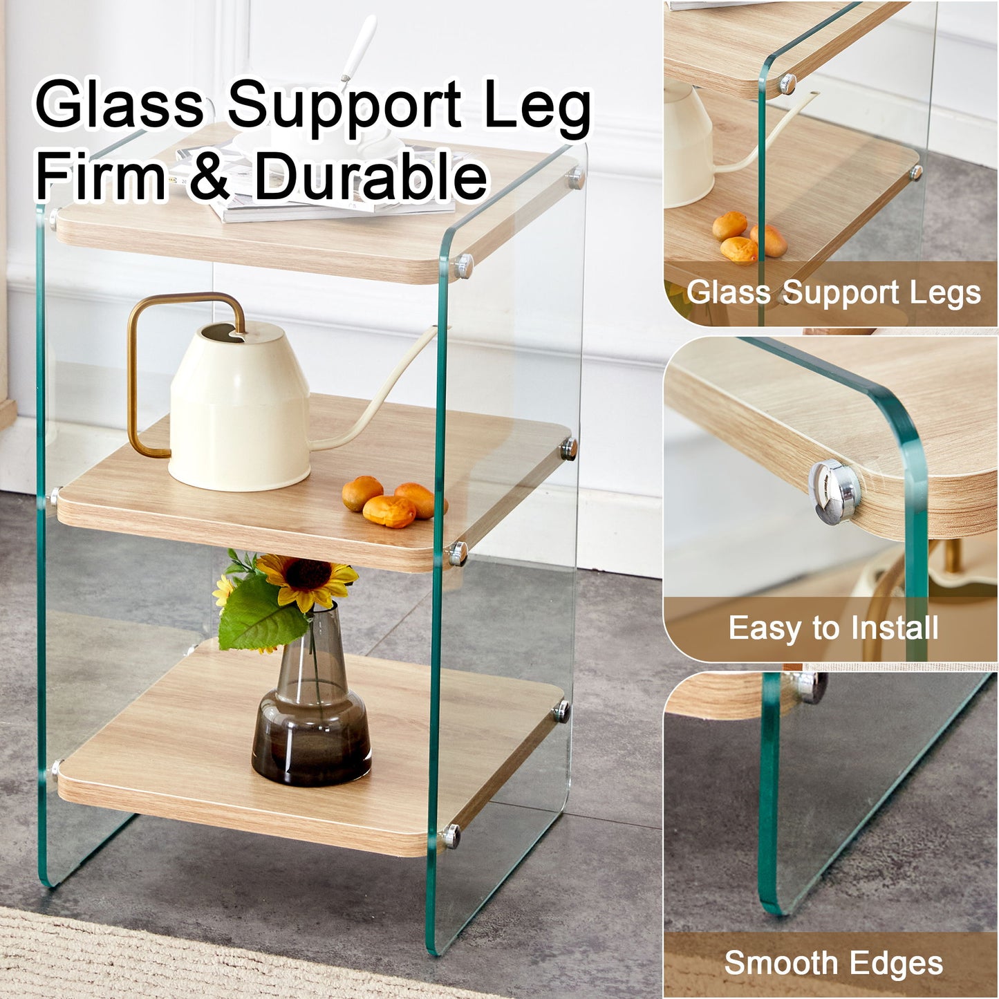 Modern 3 Layer Bedside Cabinet With Storage Function In Wood And Tempered Glass - Wood