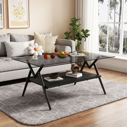 Rectangle Coffee Table With Tempered Glass Top And Black MDF Shelf, Modern Table For Living Room - Gray