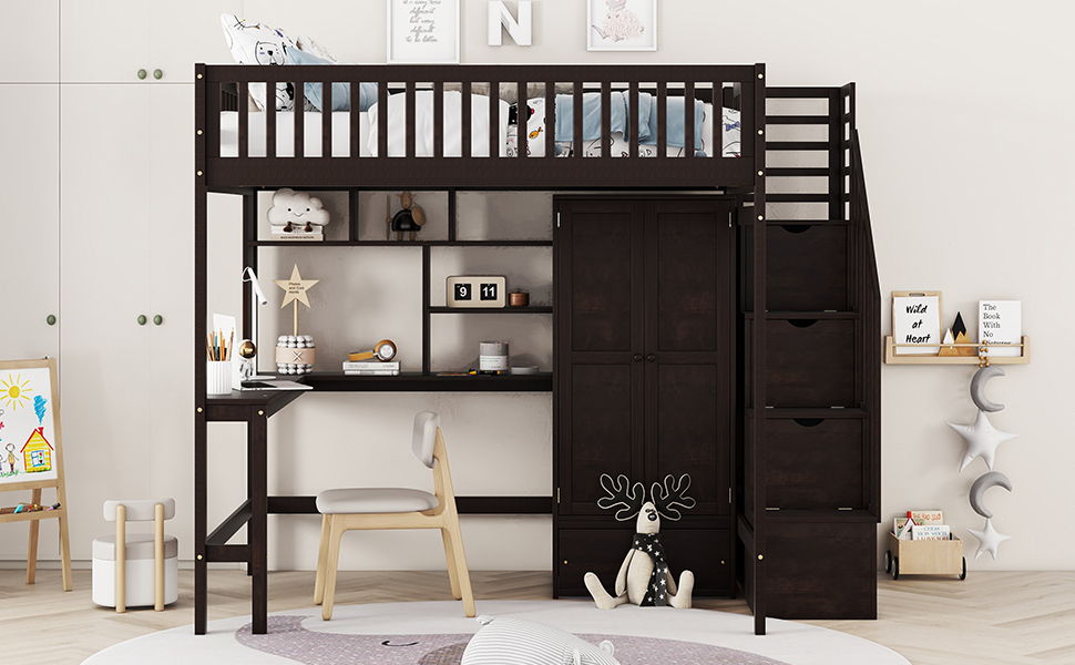Full Size Loft Bed With Bookshelf, Drawers, Desk, And Wardrobe - Espresso