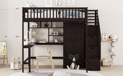 Full Size Loft Bed With Bookshelf, Drawers, Desk, And Wardrobe - Espresso