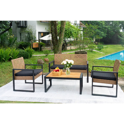 4 Piece Patio Furniture Set Outdoor Balcony Porch Garden Backyard Lawn Furniture Acacia Wood Table Top, Morden - Black And Light Brown