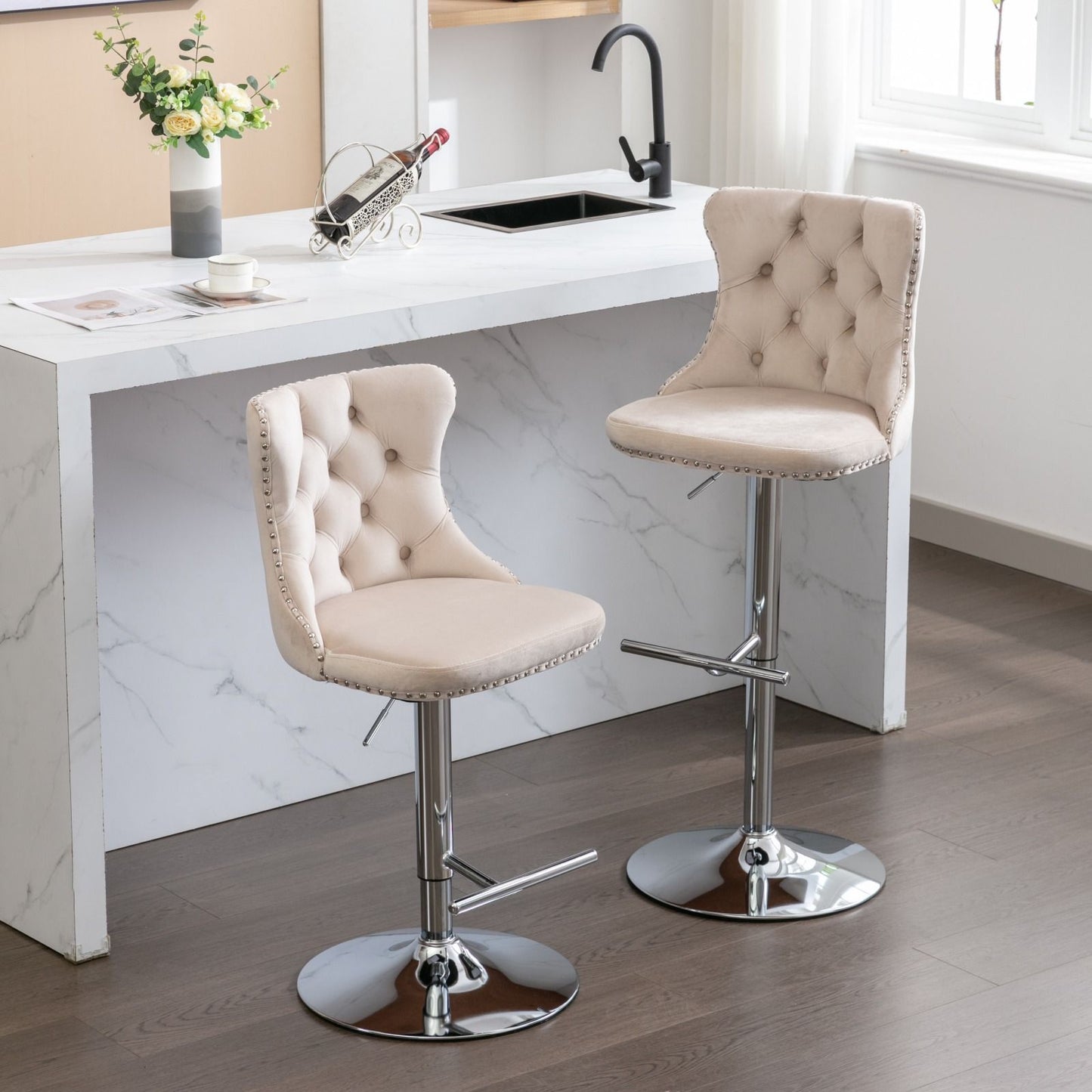 Swivel Velvet Barstools Adjusatble Seat Height From 25-33", Modern Upholstered Chrome Base Bar Stools With Backs Comfortable Tufted For Home Pub And Kitchen Island (Set of 2) - Beige