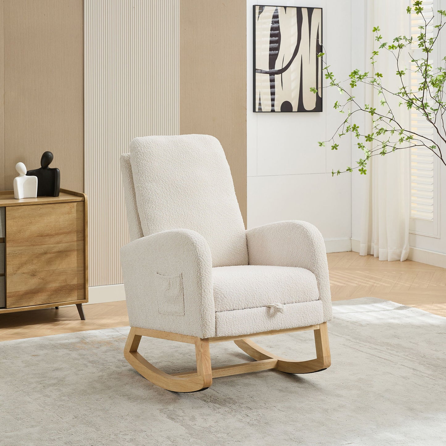 Rocking Chair For Nursery, High Back Glider With Retractable Footrest, Boucle Upholstery, Rubber Wood Legs - Ivory